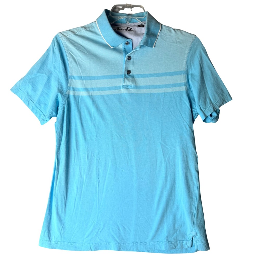 Tasso Elba Mens Short Sleeve‎ Polo Shirt Blue Striped Casual Cotton Size Medium